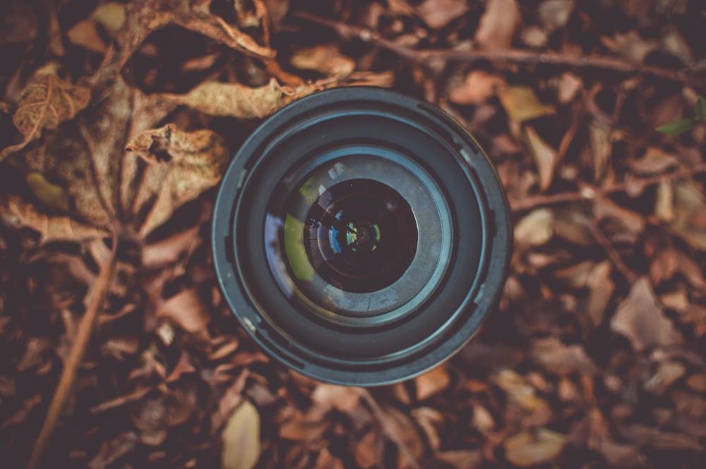 Camera lens against a fall leaf background.