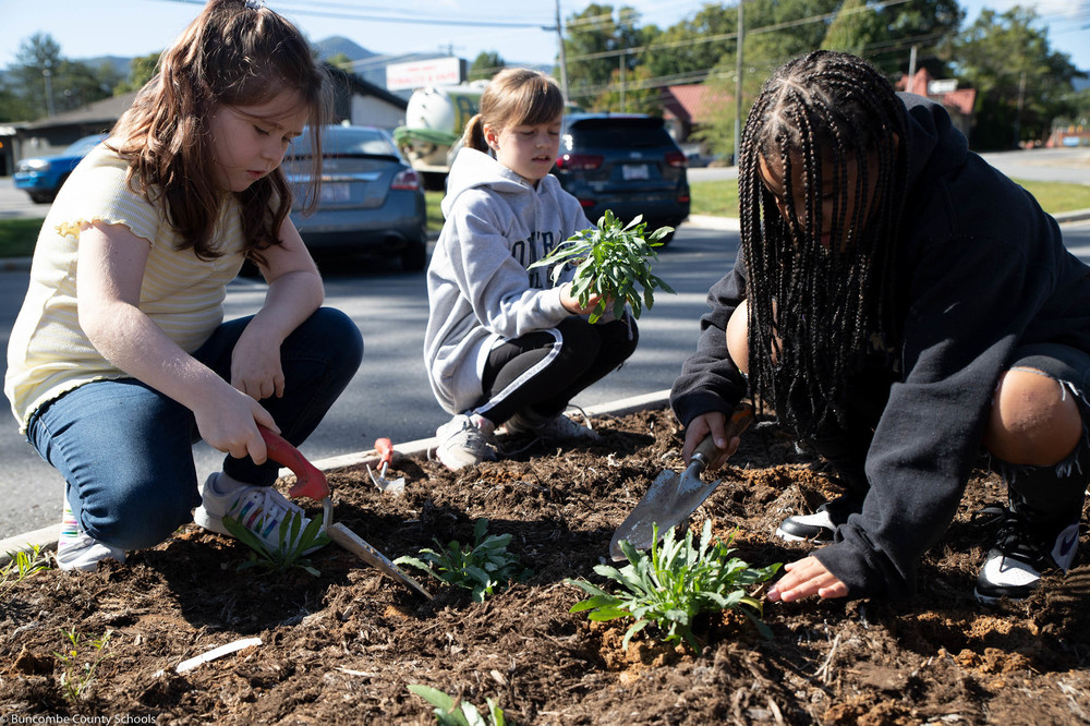 Students planting flowers for the pollinator garden