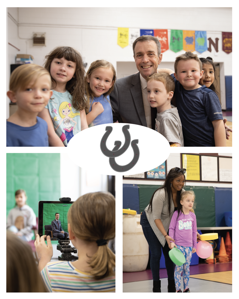 Dr Jackson visting Black Mountain Primary - a collage. First image is of him with students, second image is of students working on a project, and third is a teacher helping a student. 