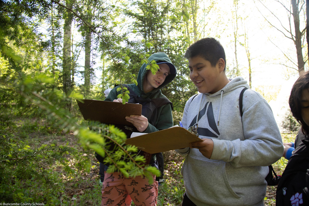 Students collecting data on a hemlock tree at Bent Creek.