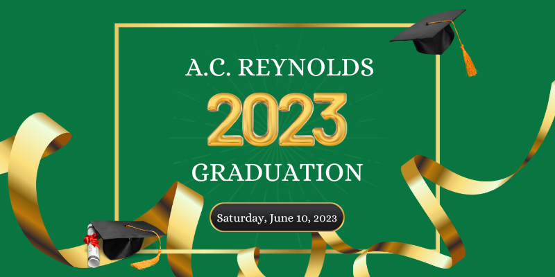 Image of graduation caps and gold ribbon, with text that reads: AC Reynolds 2023 Graduation Saturday, June 10, 2023