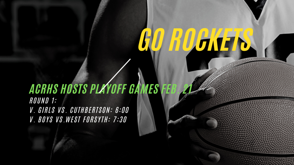 Image of basketball player holding ball, with text overlay that says Go Rockets