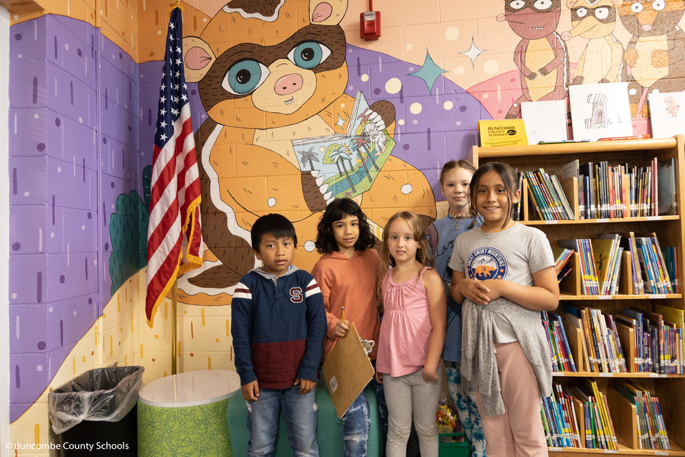 Students standing in front of the mural. 