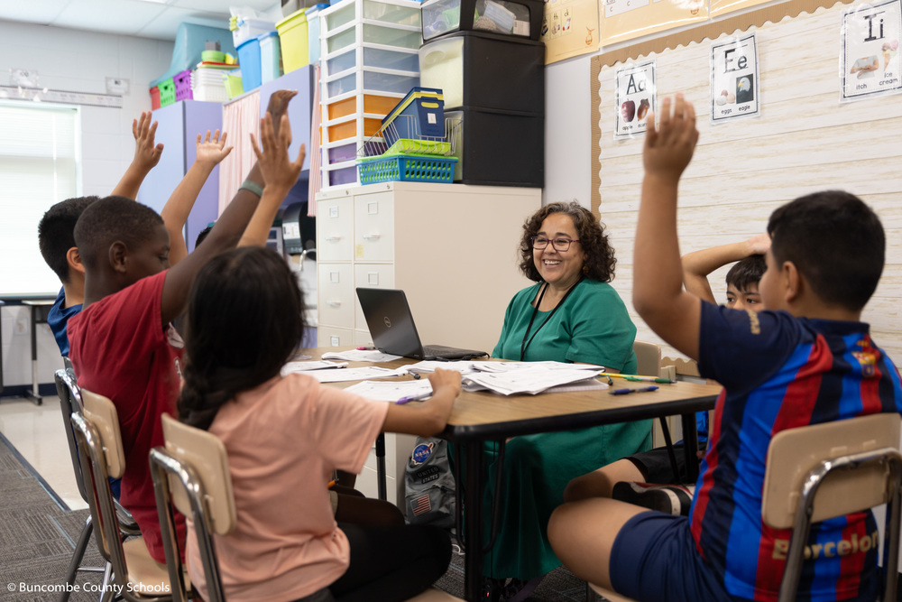 Teacher asking a small group of students a question, and the students raising their hands. 