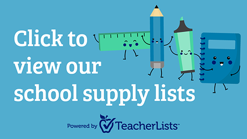 illustration of school supplies with text that says click to view our school supply lists