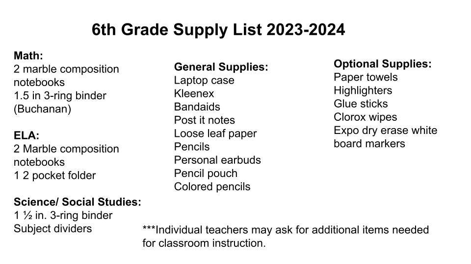 6th Grade Supply List for 2023-2024 | Enka Intermediate