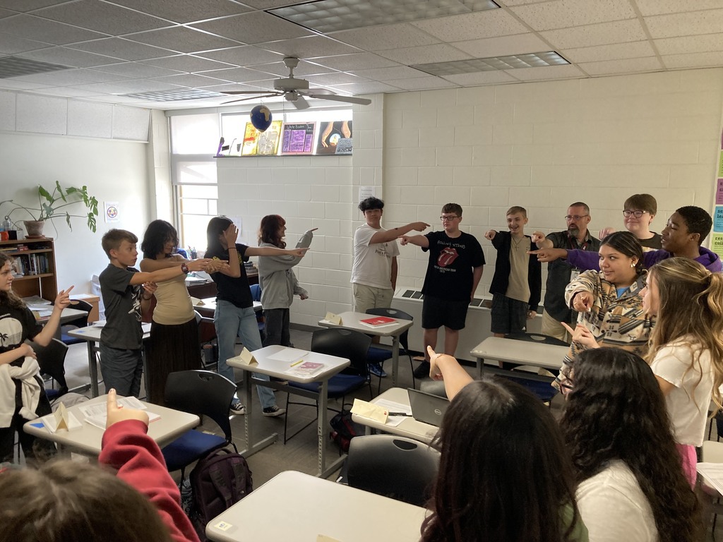 teacher and students pointing in a circle